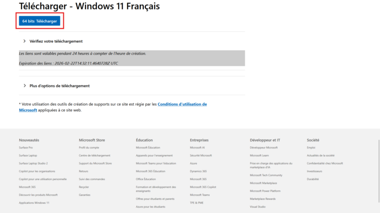 Bouton de téléchargement de l'ISO Windows 11 en version 64 bits depuis le site Microsoft