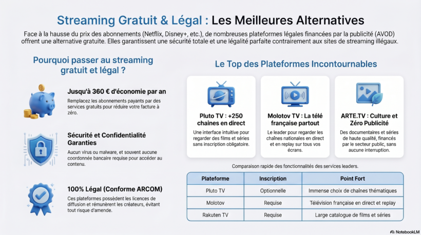 Infographie présentant les meilleures alternatives de streaming gratuit et légal comme Pluto TV, Molotov, Rakuten TV et ARTE.TV pour regarder des films et séries.