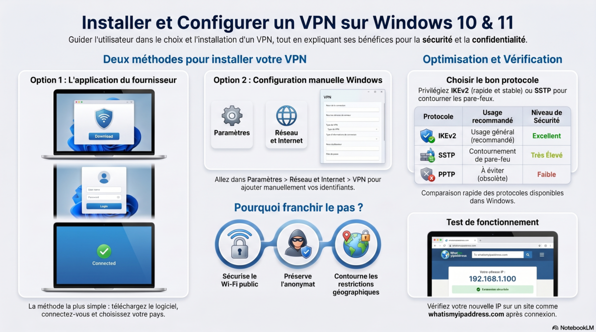 Infographie expliquant comment installer et configurer un VPN sur Windows 10 et Windows 11 étape par étape