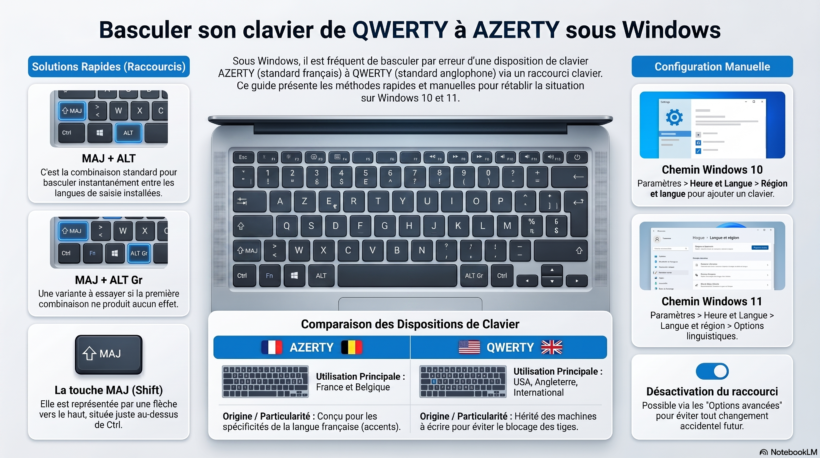 Guide visuel pour changer la disposition du clavier Windows : passer de QWERTY en AZERTY via les raccourcis clavier ou les paramètres de langue.