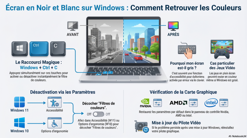 Infographie expliquant comment réparer un écran noir et blanc sous Windows 10 et 11 : utilisation du raccourci clavier Windows + Ctrl + C et désactivation des filtres de couleurs dans les paramètres d'accessibilité.