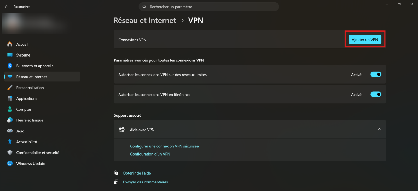 Page VPN des Paramètres de Windows 11 dans Réseau et Internet, avec le bouton Ajouter un VPN encadré