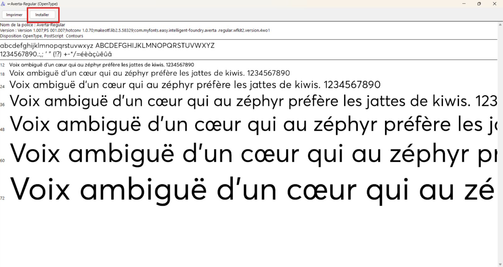 Aperçu d'une police OpenType dans Windows 11 avec le bouton Installer et l'exemple de texte en plusieurs tailles