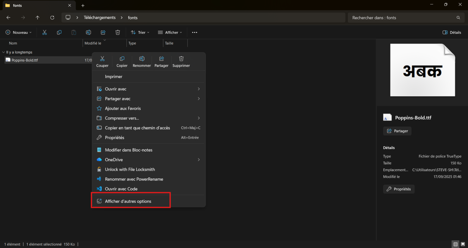 Clic droit sur un fichier de police TTF dans l'Explorateur de Windows 11, option Afficher d'autres options