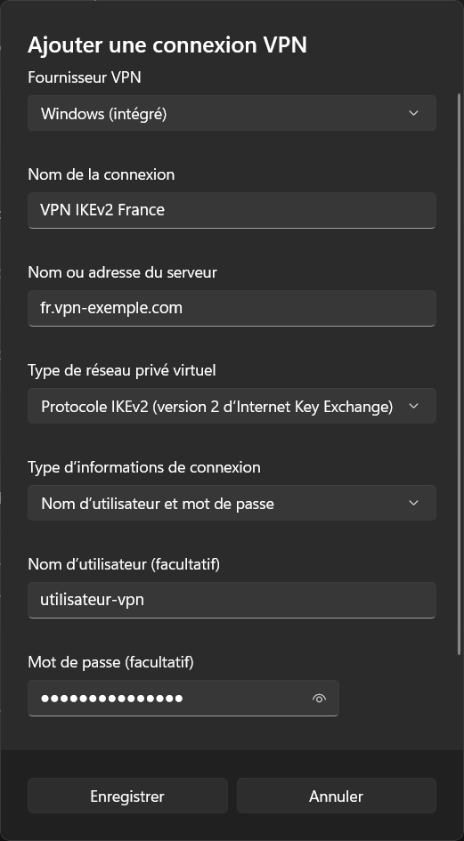 Fenêtre Ajouter une connexion VPN de Windows 11 remplie avec le protocole IKEv2 et un nom d'utilisateur