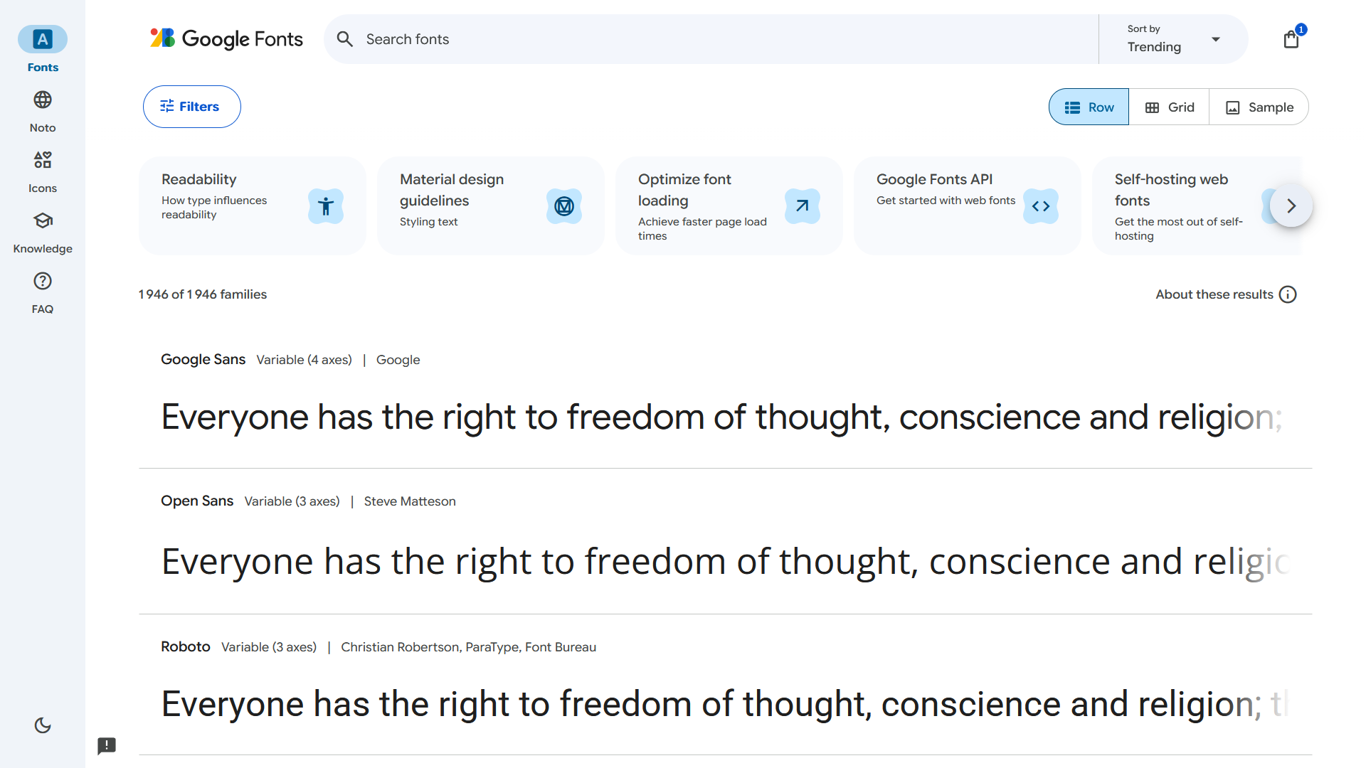 Aperçu de l'interface de Google Fonts pour choisir et télécharger une police gratuite