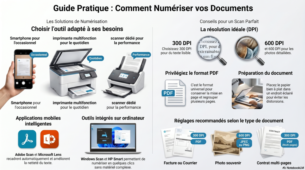 Infographie pédagogique expliquant comment scanner un document avec une imprimante multifonction, un scanner dédié ou un smartphone.