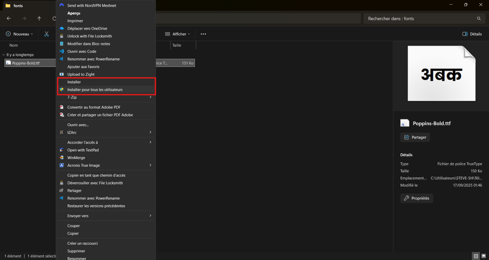 Menu contextuel de Windows 11 avec les options Installer et Installer pour tous les utilisateurs d'une police