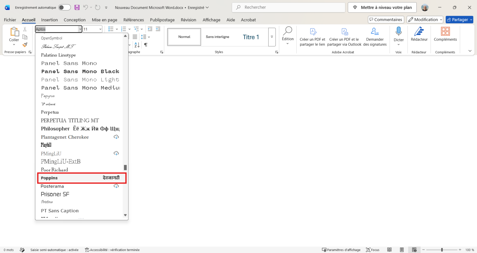 Liste déroulante des polices de Microsoft Word affichant la police Poppins fraîchement installée sur Windows