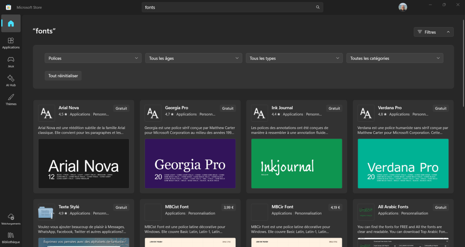 Recherche de polices de caractères gratuites dans le Microsoft Store de Windows avec Arial Nova, Georgia Pro et Verdana Pro