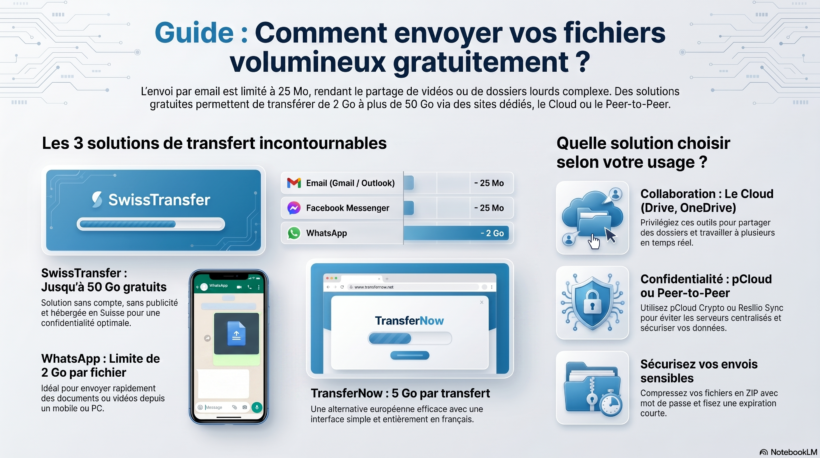 Comment envoyer un gros fichier gratuitement : comparatif SwissTransfer, pCloud, WhatsApp et outils de transfert de fichiers lourds