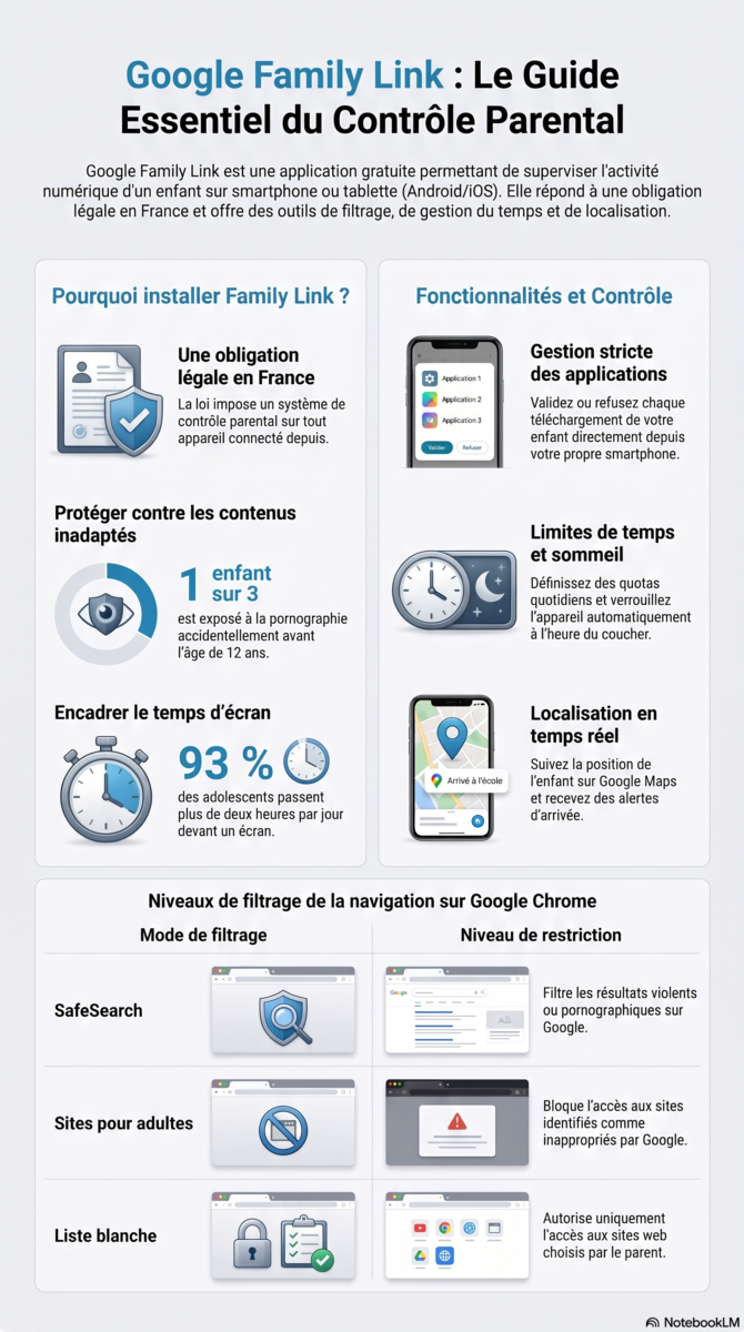 Infographie et tutoriel visuel Google Family Link : guide complet pour installer et configurer le contrôle parental gratuit sur smartphone et tablette (Android et iOS).