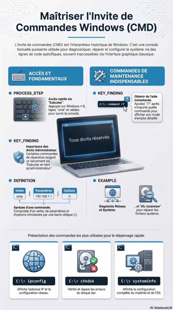 Infographie : Guide complet et liste des commandes CMD Windows 10 et 11 pour l'administration système.