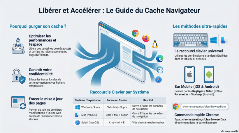 Infographie : Comment vider le cache de son navigateur (Chrome, Firefox, Safari, Edge) pour améliorer la vitesse et la confidentialité.