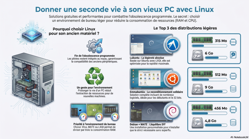 Infographie comparative des meilleures distributions Linux légères (Lubuntu, Emmabuntüs, Debian MATE) pour redonner vie à un vieux PC et lutter contre l'obsolescence programmée.