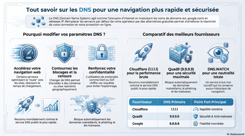 Infographie explicative sur le fonctionnement des DNS, leurs avantages pour la vitesse et la sécurité, et comment les configurer sur Windows, Mac, Android et iOS.