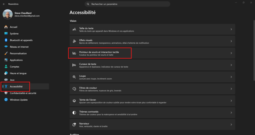 Accessibilité de Windows 11 : réglages Pointeur de la souris et interaction tactile