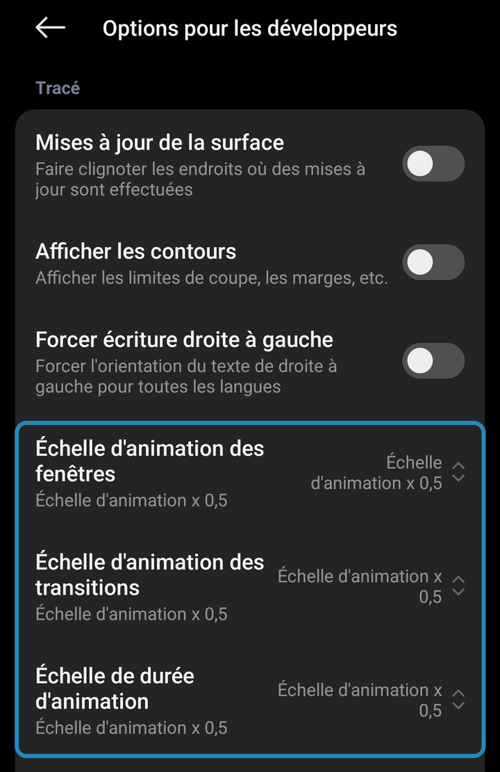 Options pour les développeurs d'Android avec les trois échelles d'animation réglées sur 0,5x pour accélérer le téléphone