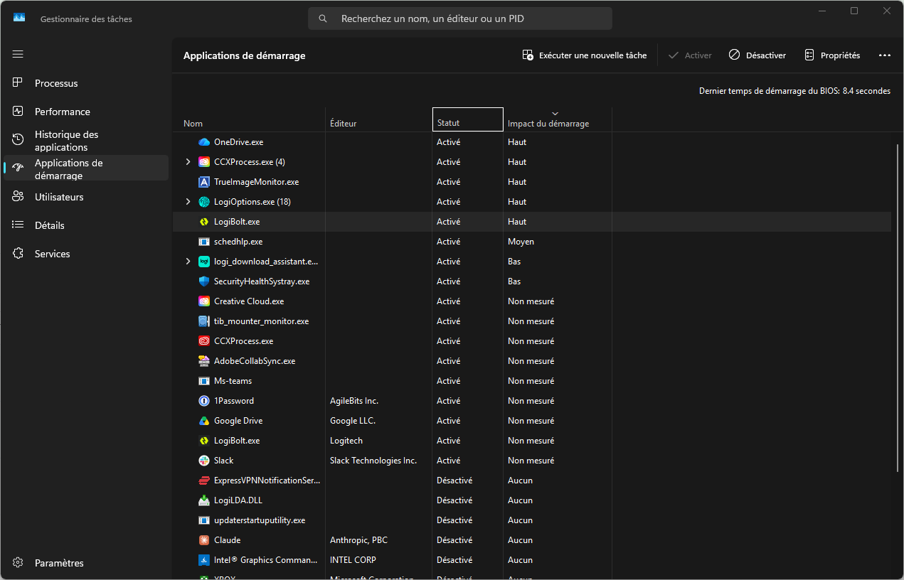 Rubrique Applications de démarrage du Gestionnaire des tâches de Windows 11 avec les colonnes Éditeur et Impact du démarrage