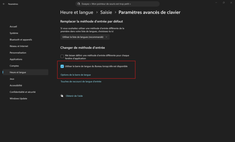 Comment masquer la barre de langue (FRA) sur Windows 11 et Windows 10 ?