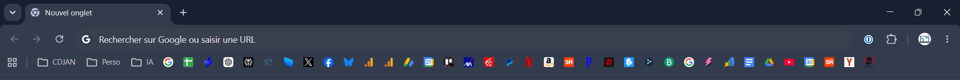 Barre de favoris affichée sous la barre d'adresse de Google Chrome après le raccourci Ctrl+Maj+B