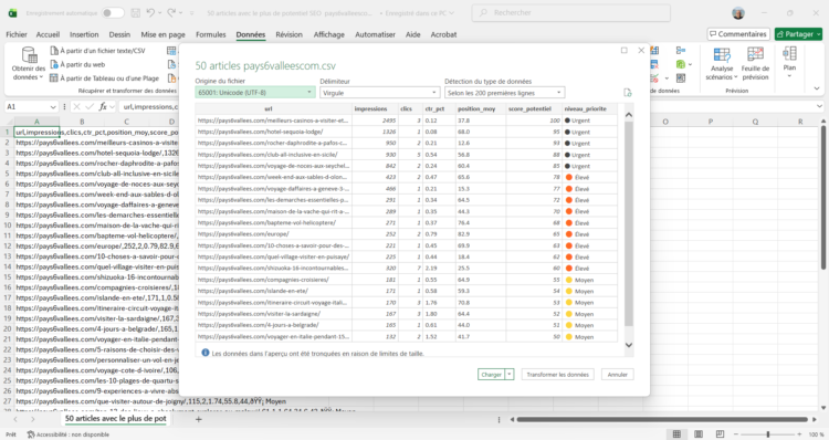 Aperçu des données CSV dans l'assistant de chargement d'Excel