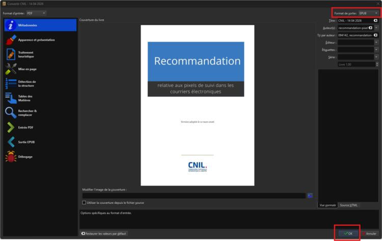 Lancement de la conversion PDF vers EPUB dans Calibre