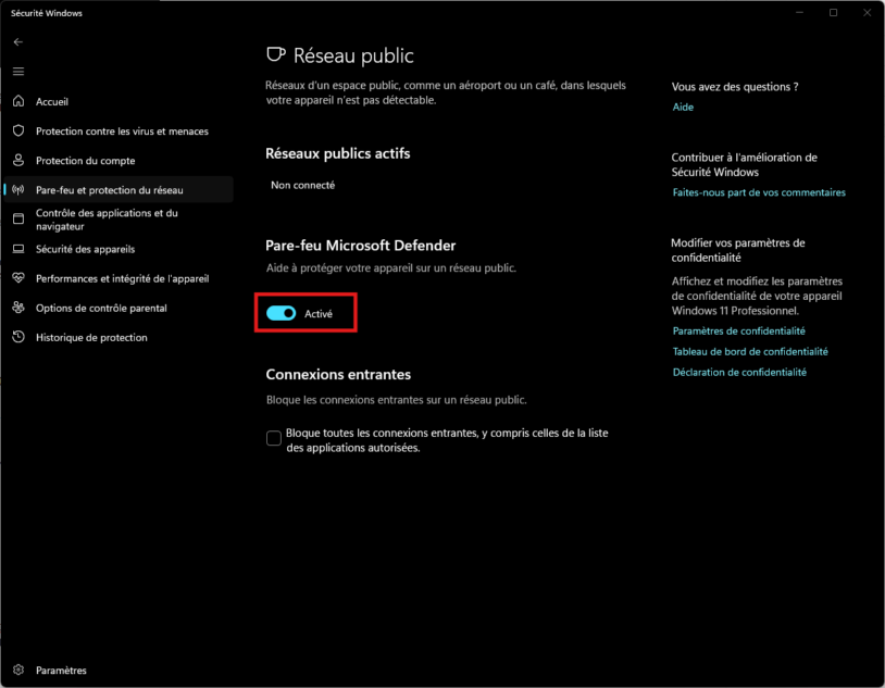 Interrupteur pour désactiver le pare-feu Microsoft Defender dans Sécurité Windows sous Windows 11