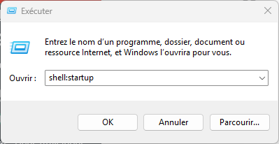 Fenêtre Exécuter de Windows 11 avec la commande shell:startup saisie pour ouvrir le dossier Démarrage
