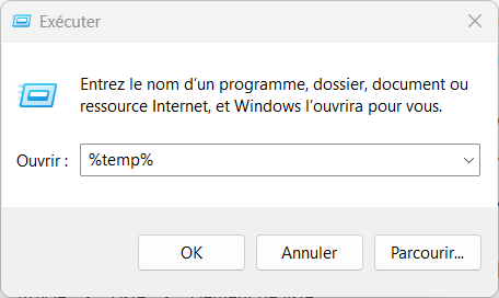 Boîte de dialogue Exécuter avec la commande %temp%