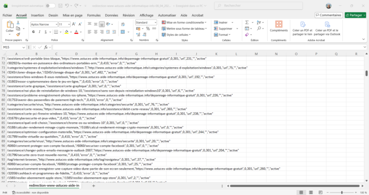 Exemple d'un fichier CSV ouvert dans Excel avec un mauvais formatage des données