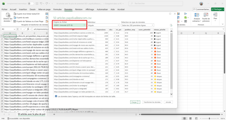 Sélection du jeu de caractères UTF-8 lors de l'importation CSV
