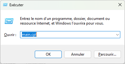 Fenêtre Propriétés de la souris ouverte avec la commande main.cpl sous Windows
