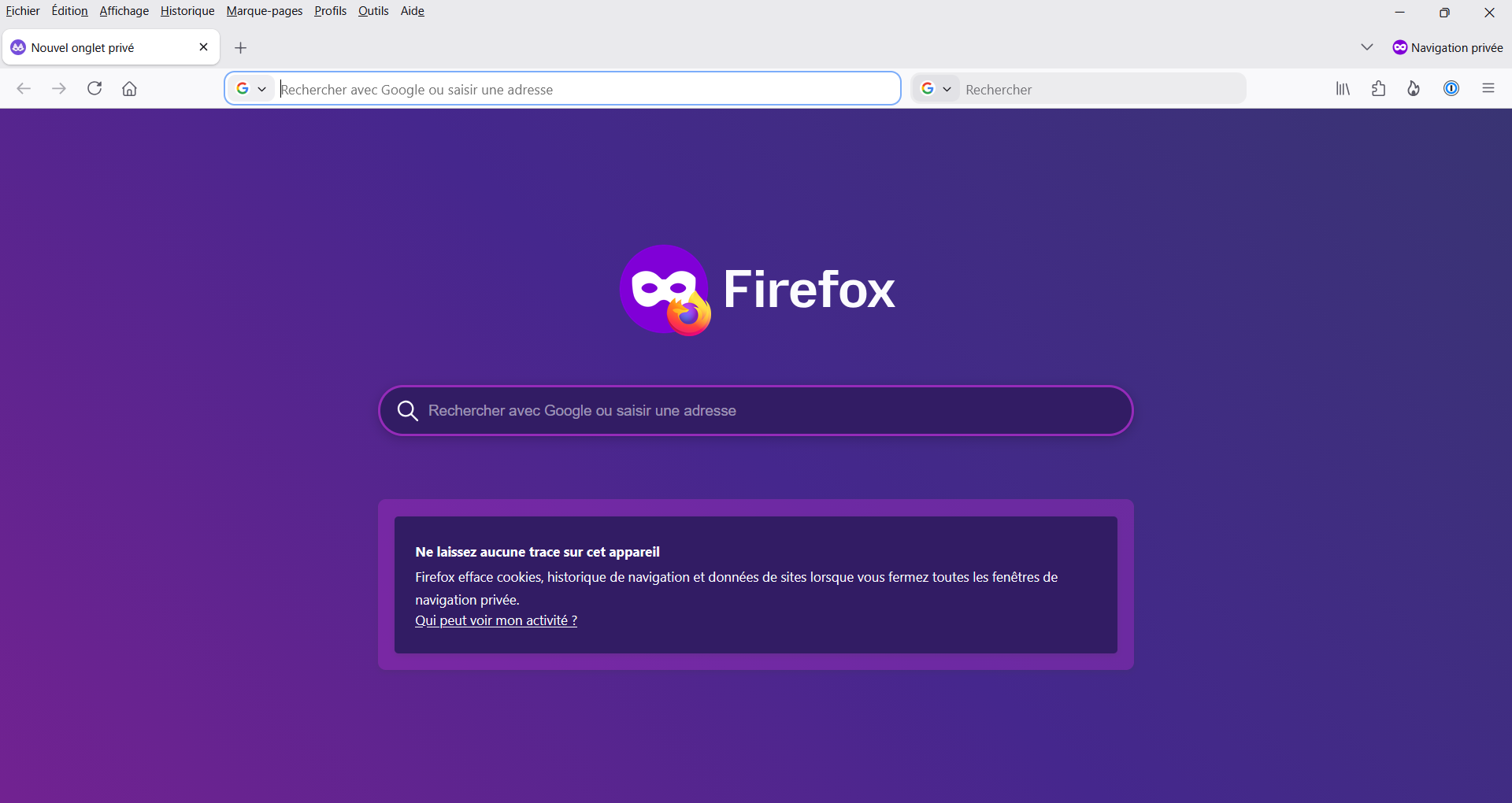 Fenêtre de navigation privée de Firefox avec son fond violet, ouverte avec le raccourci Ctrl+Maj+P