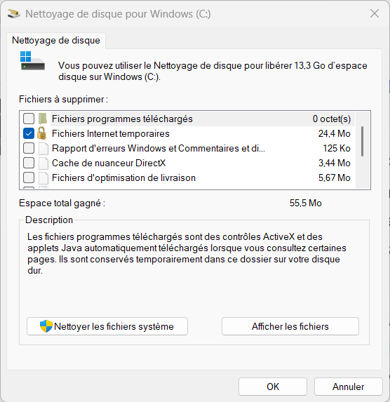 Utilitaire Nettoyage de disque Windows sélectionnant les fichiers temporaires