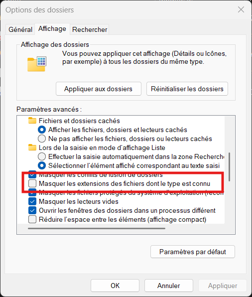 Onglet Affichage des Options des dossiers de Windows avec la case Masquer les extensions des fichiers dont le type est connu décochée