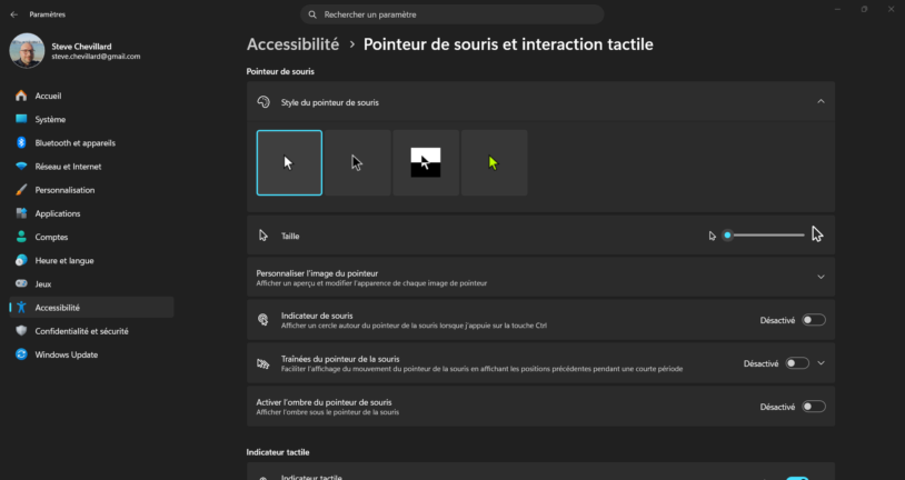 Taille et couleur du pointeur de souris réglables dans Windows 11
