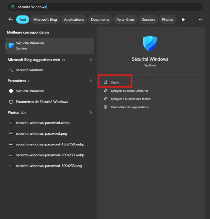 Recherche de l'application Sécurité Windows depuis le menu Démarrer de Windows 11