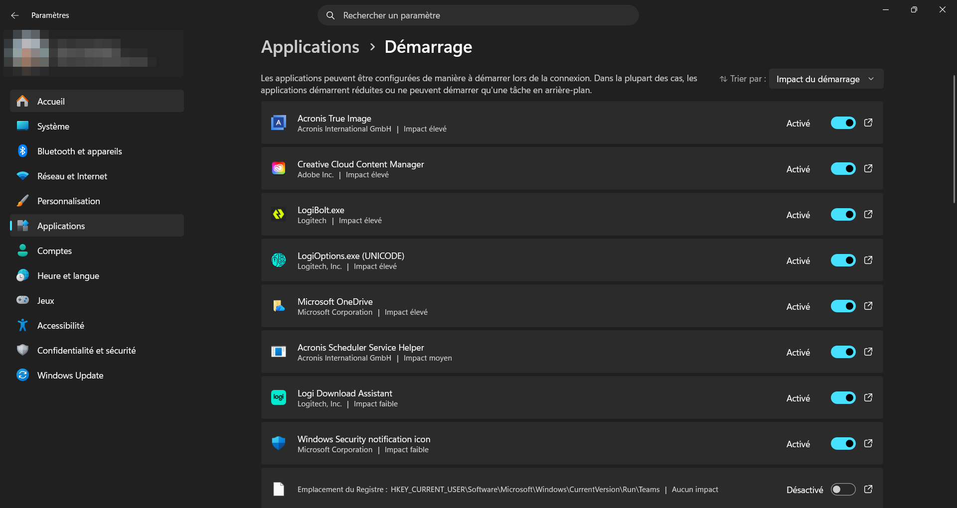 Page Paramètres > Applications > Démarrage de Windows 11 avec un interrupteur par application et son impact au démarrage