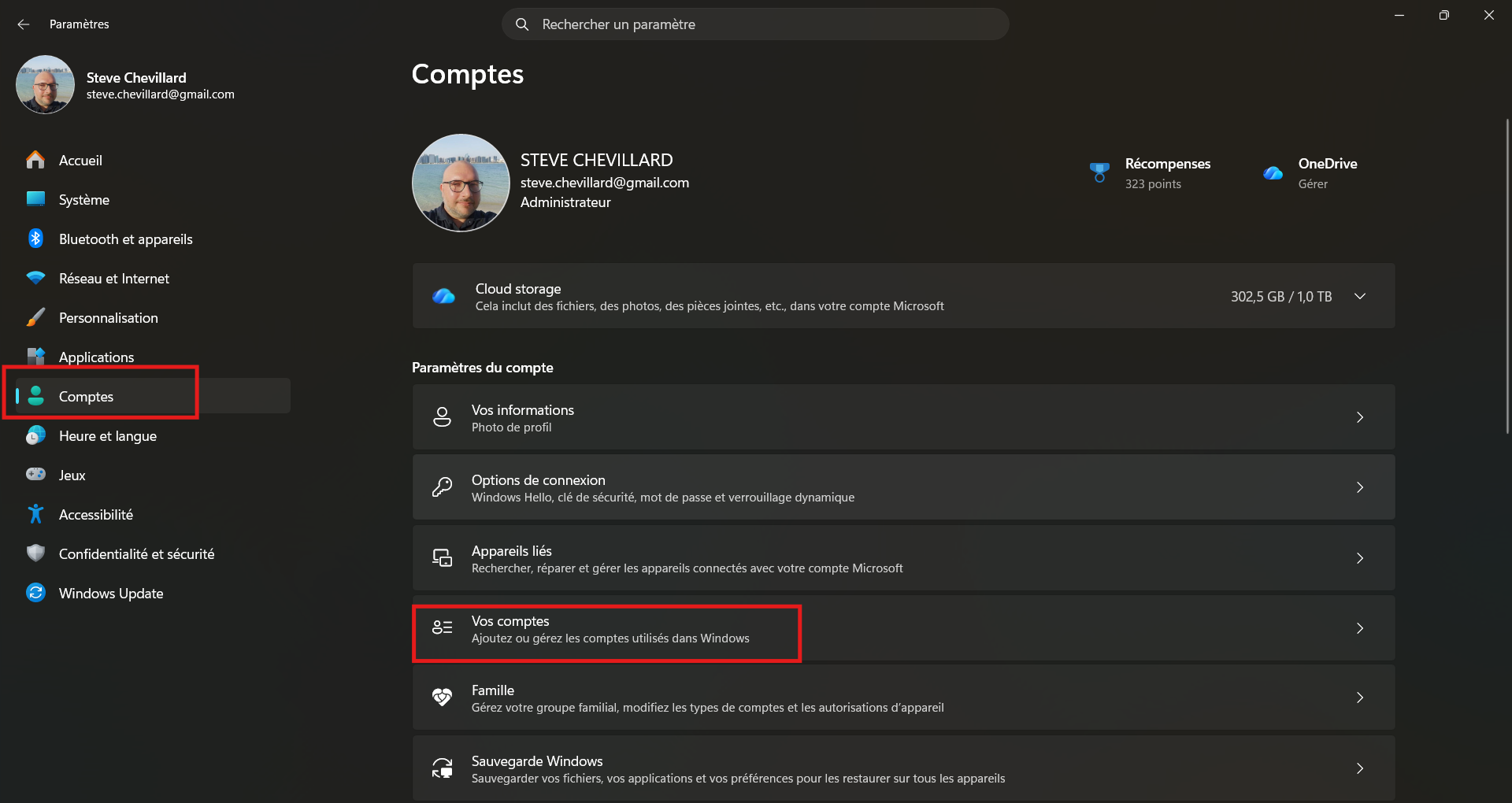 Paramètres de Windows 11 ouverts sur la section Comptes, avec le menu Comptes et l’entrée Vos comptes encadrés en rouge