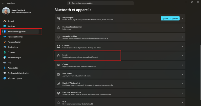 Paramètres de Windows 11 ouverts sur Bluetooth et appareils pour configurer la souris
