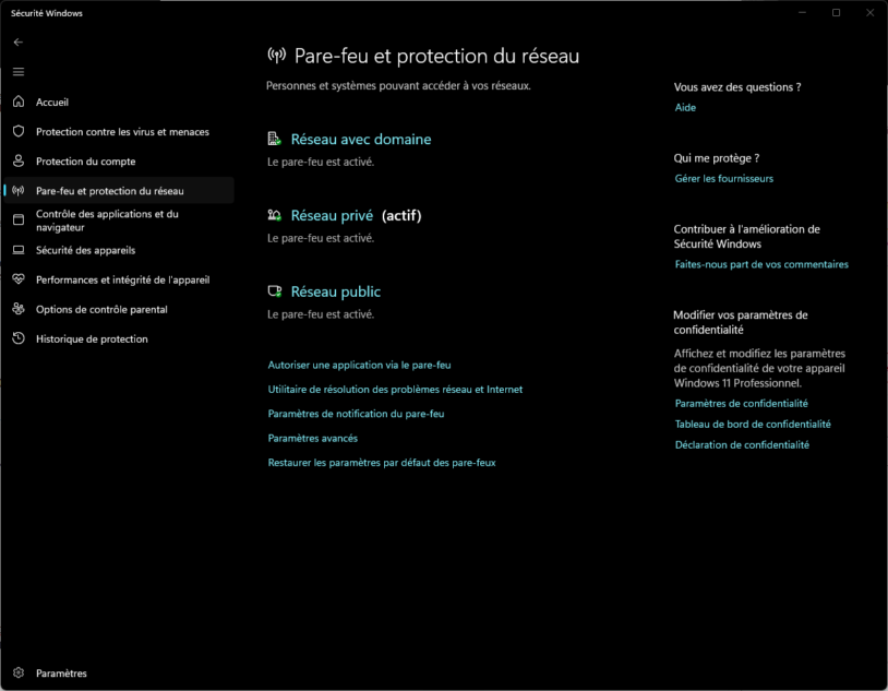 Profils réseau domaine, privé et public dans Pare-feu et protection réseau de Windows 11