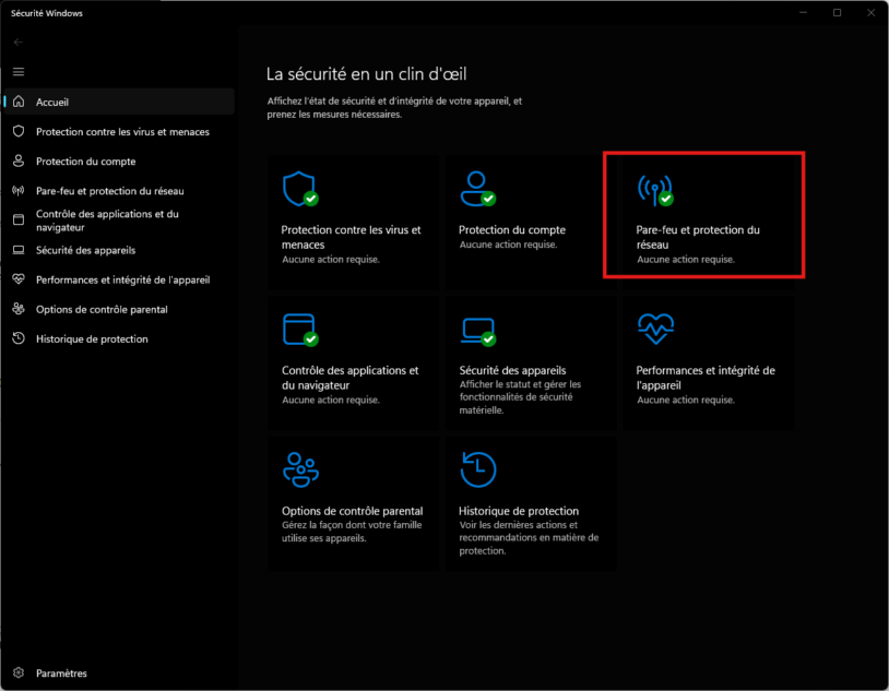 Fenêtre Sécurité Windows sous Windows 11 avec l'accès à Pare-feu et protection réseau