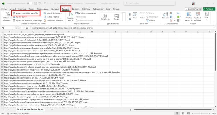 Menu Données d'Excel avec l'option À partir du texte/CSV
