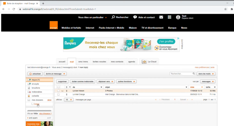 Interface du webmail Orange affichée sur un ordinateur