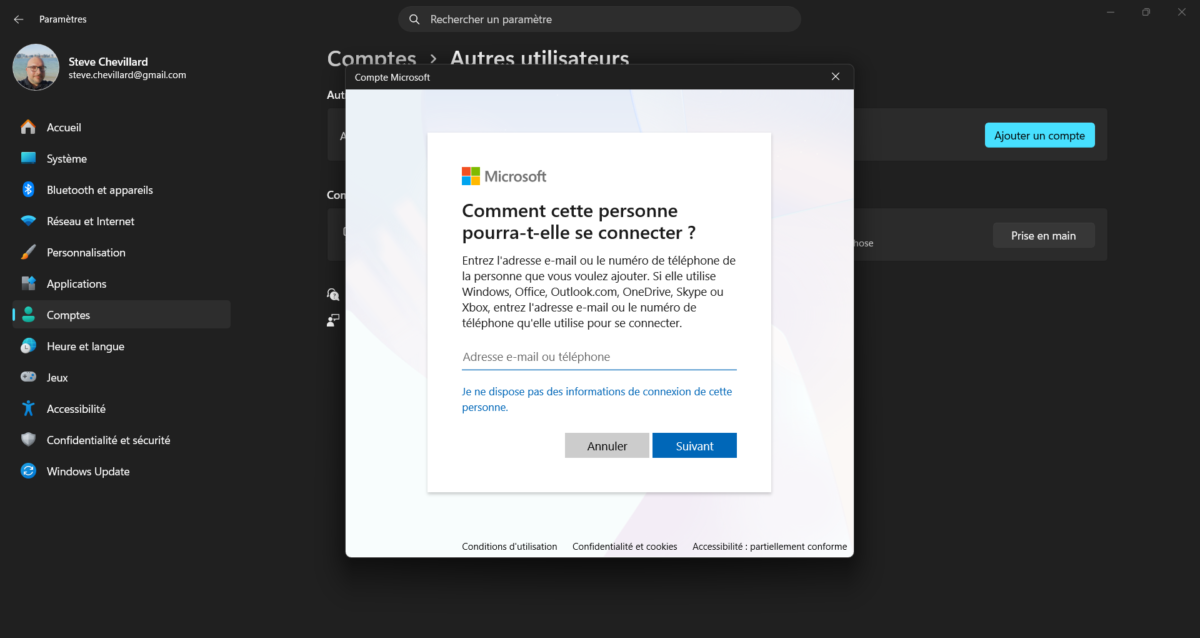 Fenêtre Compte Microsoft de Windows 11 demandant l’adresse e-mail de la personne à ajouter comme utilisateur du PC