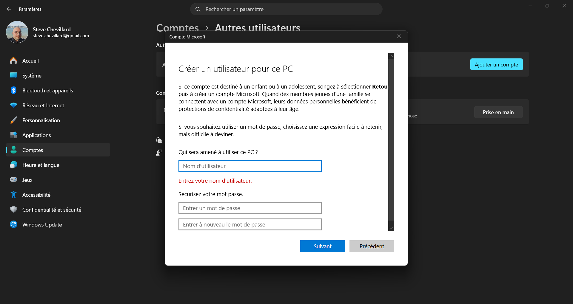 Formulaire Créer un utilisateur pour ce PC sous Windows 11 avec le nom d’utilisateur et le mot de passe du compte local