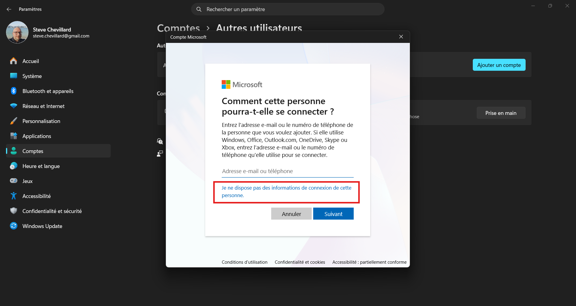 Lien Je ne dispose pas des informations de connexion de cette personne encadré en rouge dans l’assistant d’ajout de compte Windows 11