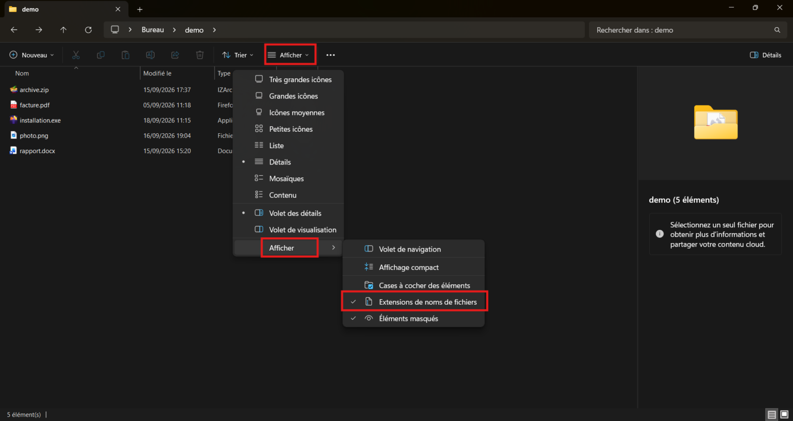 Menu Afficher de l'explorateur Windows 11 avec l'option Extensions de noms de fichiers cochée
