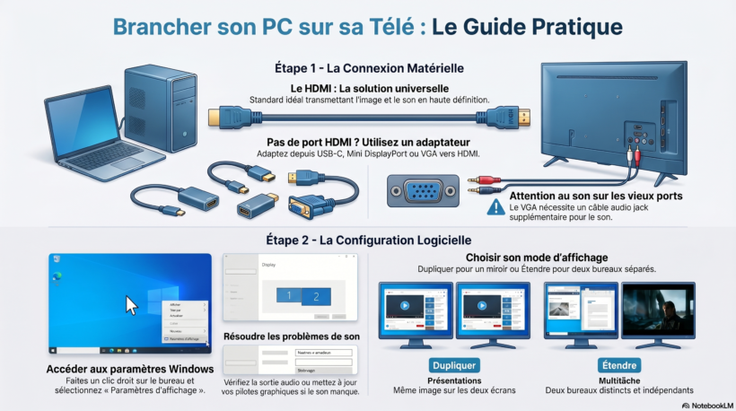 Infographie guide : comment brancher un PC sur une télé en HDMI, utiliser des adaptateurs (USB-C, VGA) et configurer l'affichage sous Windows 10 et 11.